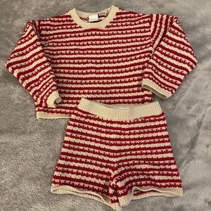Zara Red & Cream Striped Knit Top and Shorts Set - Girls 6